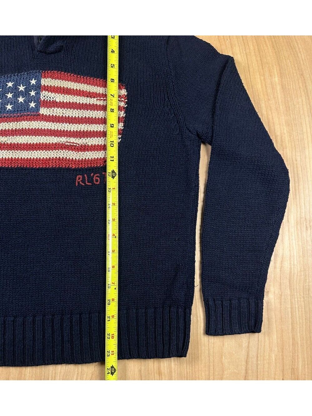Vintage 90s Ralph Lauren American Flag sweater RL 67 knit cotton linen medium - Picture 10 of 11